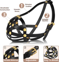 OOPSDOGGY Breathable Secure Basket Leather French Bulldog Dog Muzzle, Black slide 2 of 6