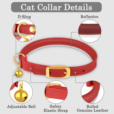 Show full view: OOPSDOGGY Rolled Leather Reflective Cat Collar with Bell & Safety Elastic Strap, Red, 8 to 11-in neck, 3/8-in wide slide 3 of 8