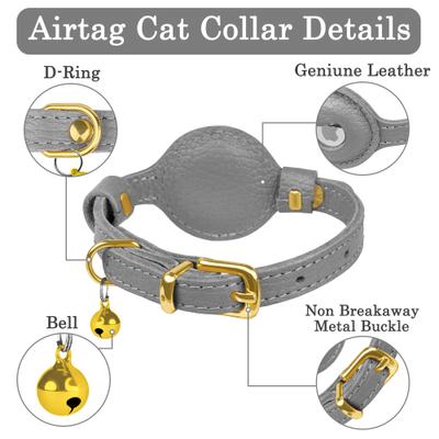 Show full view: OOPSDOGGY Lightweight GPS Leather Apple Air Tag Holder Cat Collar with Bell, Gray, 8 to 11-in neck, 1/2-in wide slide 3 of 6