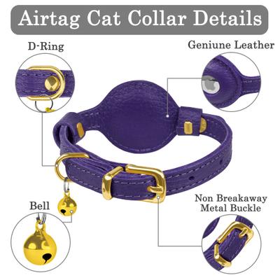 Show full view: OOPSDOGGY Lightweight GPS Leather Apple Air Tag Holder Cat Collar with Bell, Purple, 8 to 11-in neck, 1/2-in wide slide 3 of 6