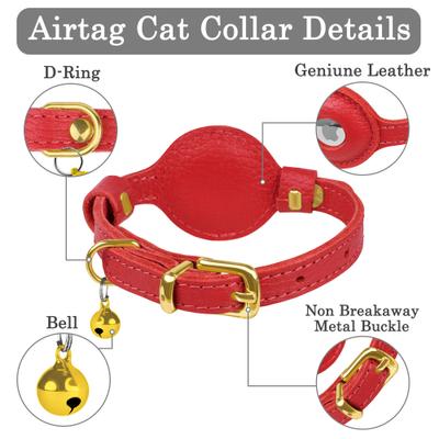 Show full view: OOPSDOGGY Lightweight GPS Leather Apple Air Tag Holder Cat Collar with Bell, Red, 8 to 11-in neck, 1/2-in wide slide 3 of 6