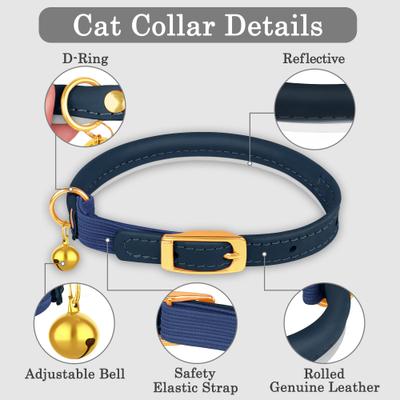Show full view: OOPSDOGGY Rolled Leather Reflective Cat Collar with Bell & Safety Elastic Strap, Blue, 8 to 11-in neck, 3/8-in wide slide 3 of 8