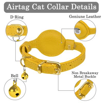 Show full view: OOPSDOGGY Lightweight GPS Leather Apple Air Tag Holder Cat Collar with Bell, Yellow, 8 to 11-in neck, 1/2-in wide slide 3 of 6