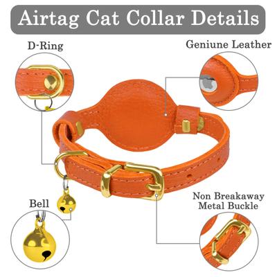 Show full view: OOPSDOGGY Lightweight GPS Leather Apple Air Tag Holder Cat Collar with Bell, Orange, 8 to 11-in neck, 1/2-in wide slide 3 of 6