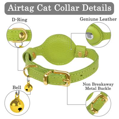 Show full view: OOPSDOGGY Lightweight GPS Leather Apple Air Tag Holder Cat Collar with Bell, Lime Green, 8 to 11-in neck, 1/2-in wide slide 3 of 6