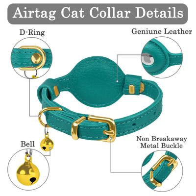 Show full view: OOPSDOGGY Lightweight GPS Leather Apple Air Tag Holder Cat Collar with Bell, Aquamarine, 8 to 11-in neck, 1/2-in wide slide 3 of 6