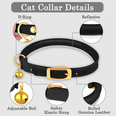 Show full view: OOPSDOGGY Rolled Leather Reflective Cat Collar with Bell & Safety Elastic Strap, Black, 8 to 11-in neck, 3/8-in wide slide 4 of 8