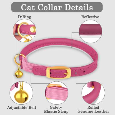 Show full view: OOPSDOGGY Rolled Leather Reflective Cat Collar with Bell & Safety Elastic Strap, Fuchsia, 8 to 11-in neck, 3/8-in wide slide 4 of 8