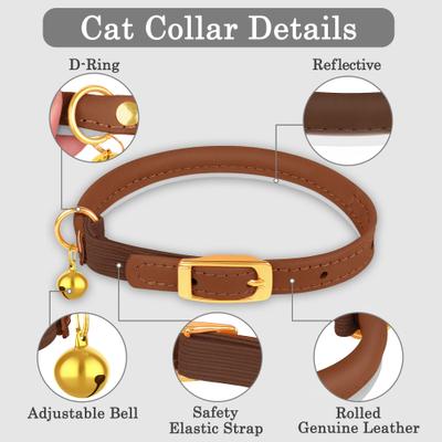 Show full view: OOPSDOGGY Rolled Leather Reflective Cat Collar with Bell & Safety Elastic Strap, Brown, 8 to 11-in neck, 3/8-in wide slide 5 of 9