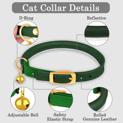 Show full view: OOPSDOGGY Rolled Leather Reflective Cat Collar with Bell & Safety Elastic Strap, Green, 8 to 11-in neck, 3/8-in wide slide 5 of 9