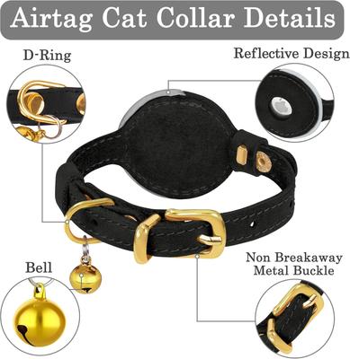 Show full view: OOPSDOGGY Non Breakaway Lightweight GPS Reflective Leather Apple AirTag Cat Collar with Bell, Black, 8 to 11-in neck, 1/2-in wide slide 5 of 8