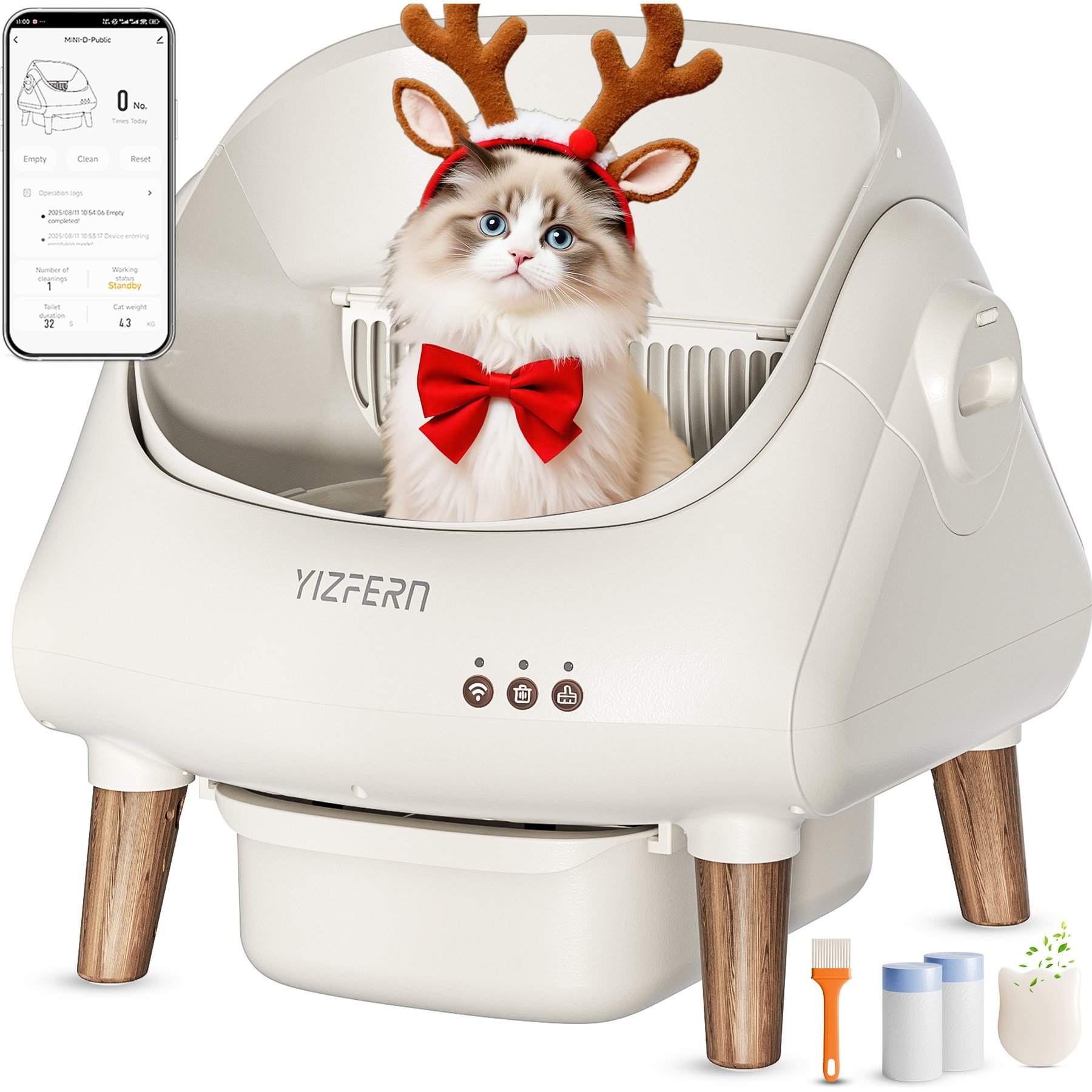 YIZFERN Open-Top Self Cleaning Cat Litter Box, White/Wooden, 22-in