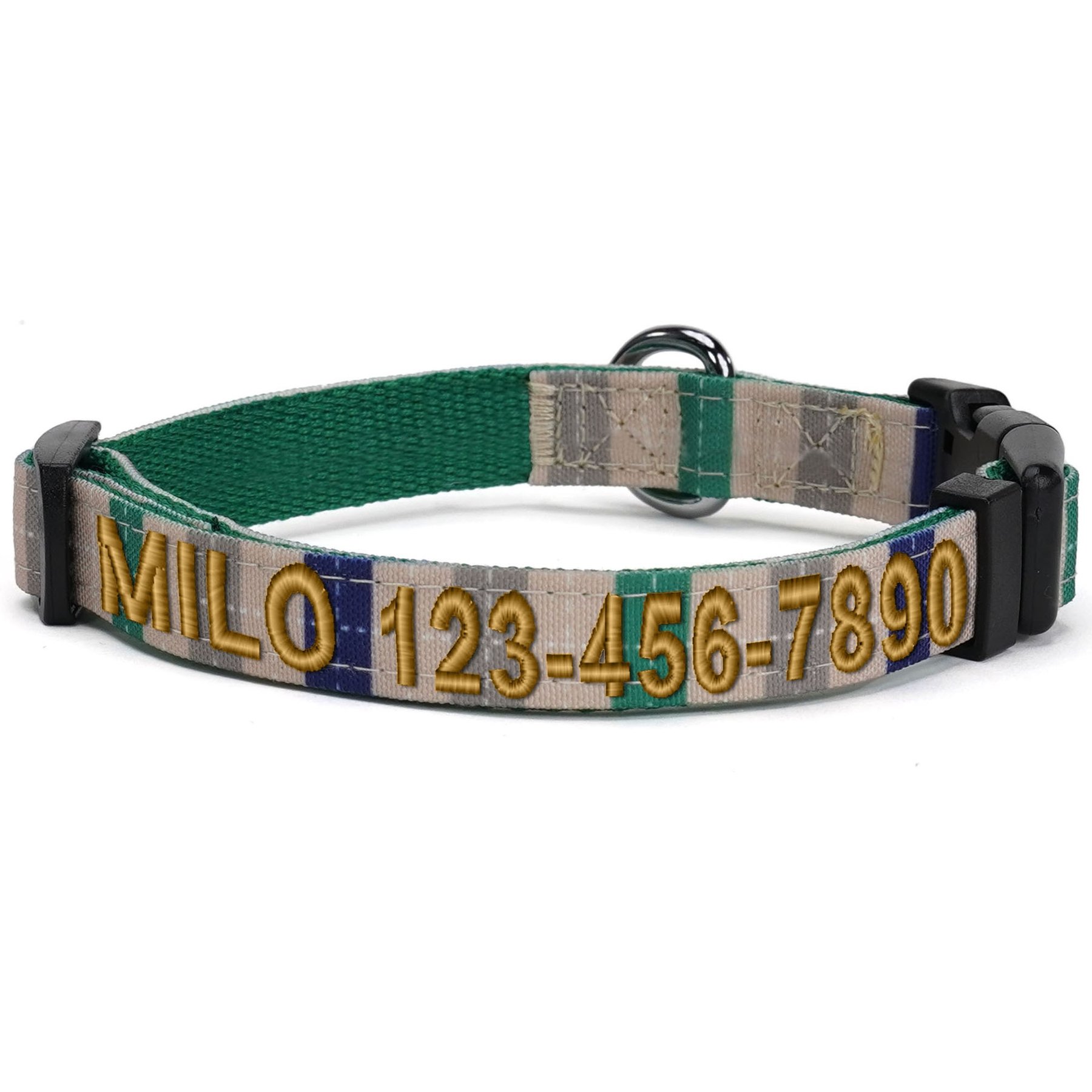 Pawtitas Embroidered Name & Phone Adjustable Polyester Personalized Dog Collar, Grey / Beige / Blue / Green, Medium: 13 to 20-in neck, 3/4-in wide