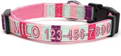 Pawtitas Embroidered Name & Phone Adjustable Polyester Personalized Dog Collar, Teal / Purple / Pink, Small: 11 to 16-in, 5/8-in wide