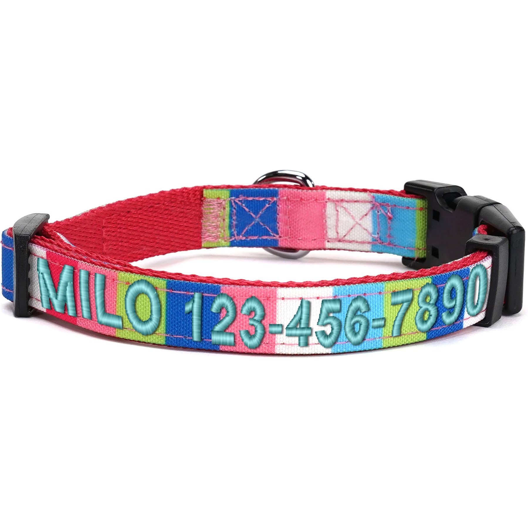 Pawtitas Embroidered Name & Phone Adjustable Polyester Personalized Dog Collar, Pink / Teal / Green, X-Small: 8 to 12-in neck, 3/8-in wide