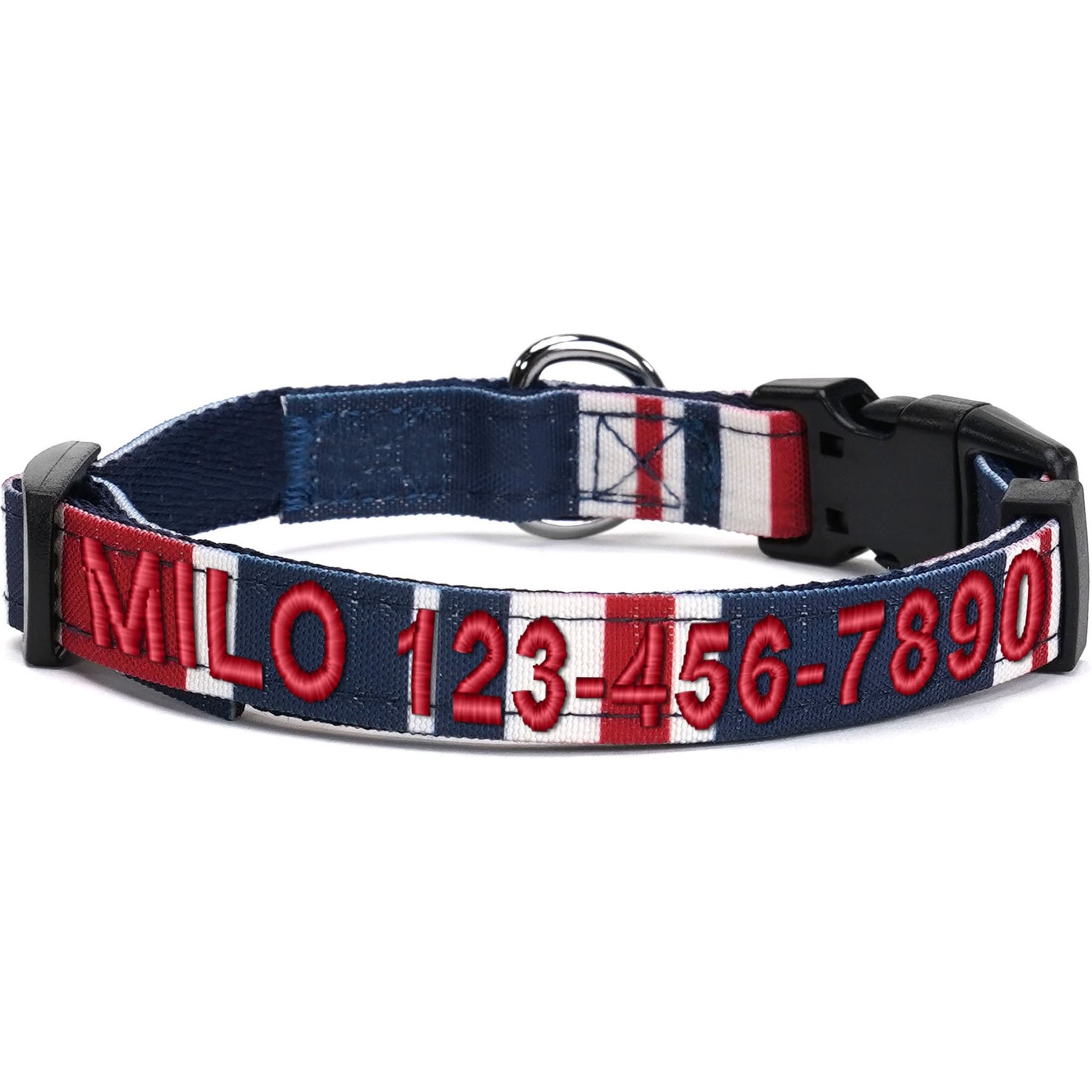 Pawtitas Embroidered Name & Phone Adjustable Polyester Personalized Dog Collar, Red / White / Blue, Medium: 13 to 20-in neck, 3/4-in wide