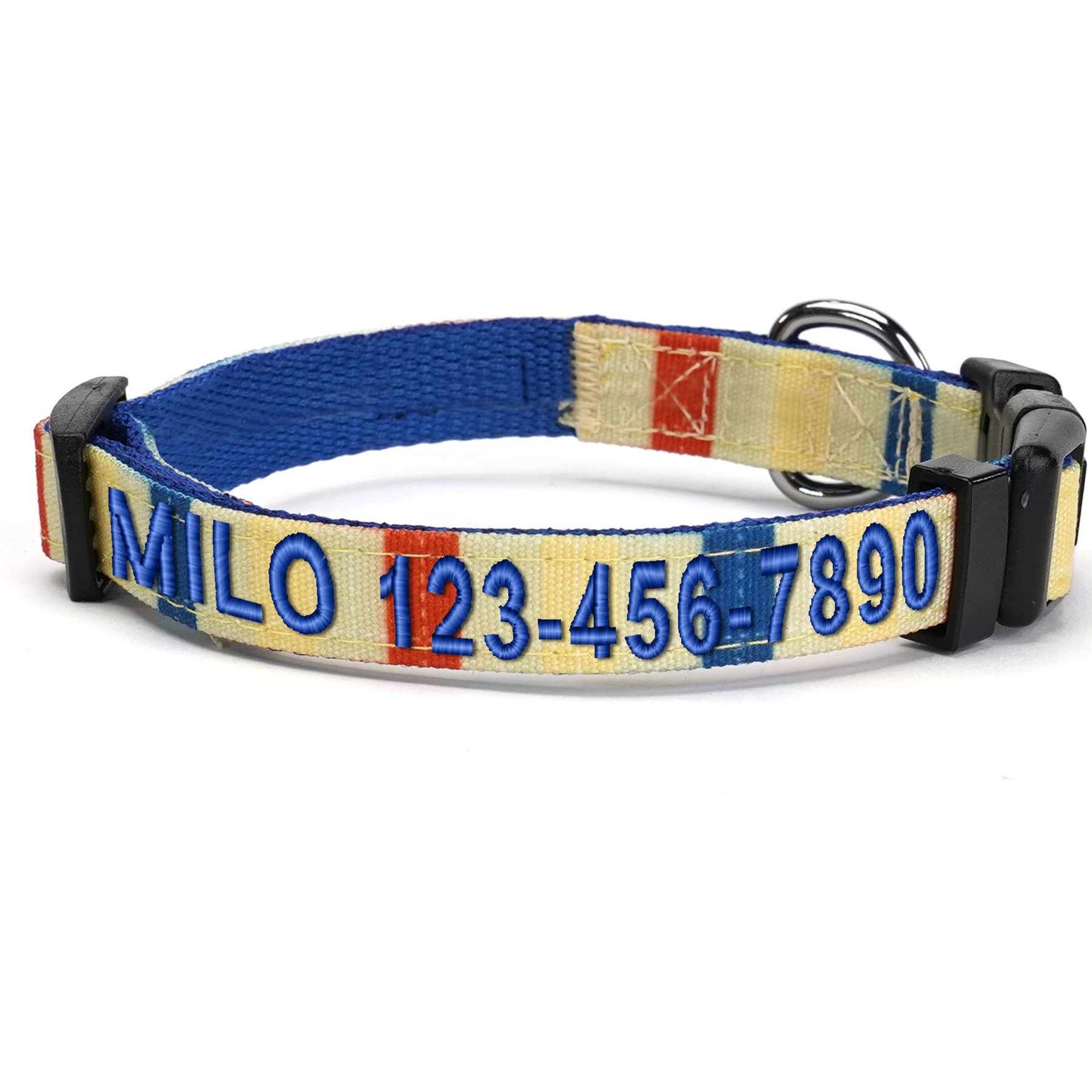 Pawtitas Embroidered Name & Phone Adjustable Polyester Personalized Dog Collar, Yellow / Orange / Blue, Large: 16 to 26-in neck, 1-in wide