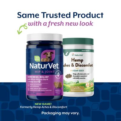 Show full view: NaturVet Soreness Relief with Hemp Bacon & Chicken Flavor Hip & Joint Supplement for Dogs, 60 count slide 3 of 11