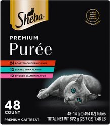 Sheba Premium Puree Variety Pack Chicken, Salmon & Tuna Flavor Grain-Free Lickable Cat Treats, 0.49-oz tube, 48 count