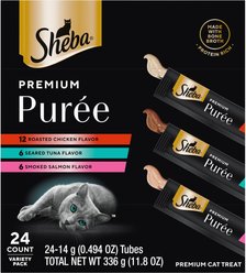 Sheba Premium Puree Variety Pack Chicken, Salmon & Tuna Flavor Grain-Free Lickable Cat Treats, 0.49-oz tube, 24 count