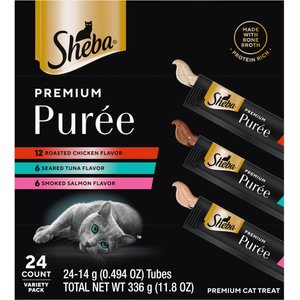 Sheba Premium Puree Variety Pack Chicken, Salmon & Tuna Flavor Grain-Free Lickable Cat Treats, 0.49-oz tube, 24 count