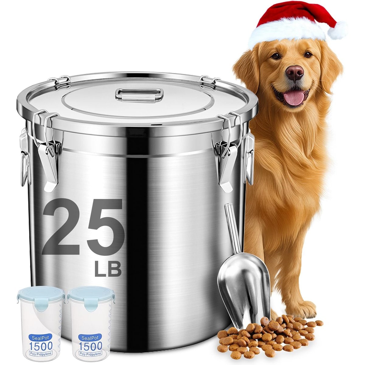 UPSKY Stainless Steel Airtight 1 Large & 2 Small Dog & Cat Food Storage Containers with Scoop, 25-lb