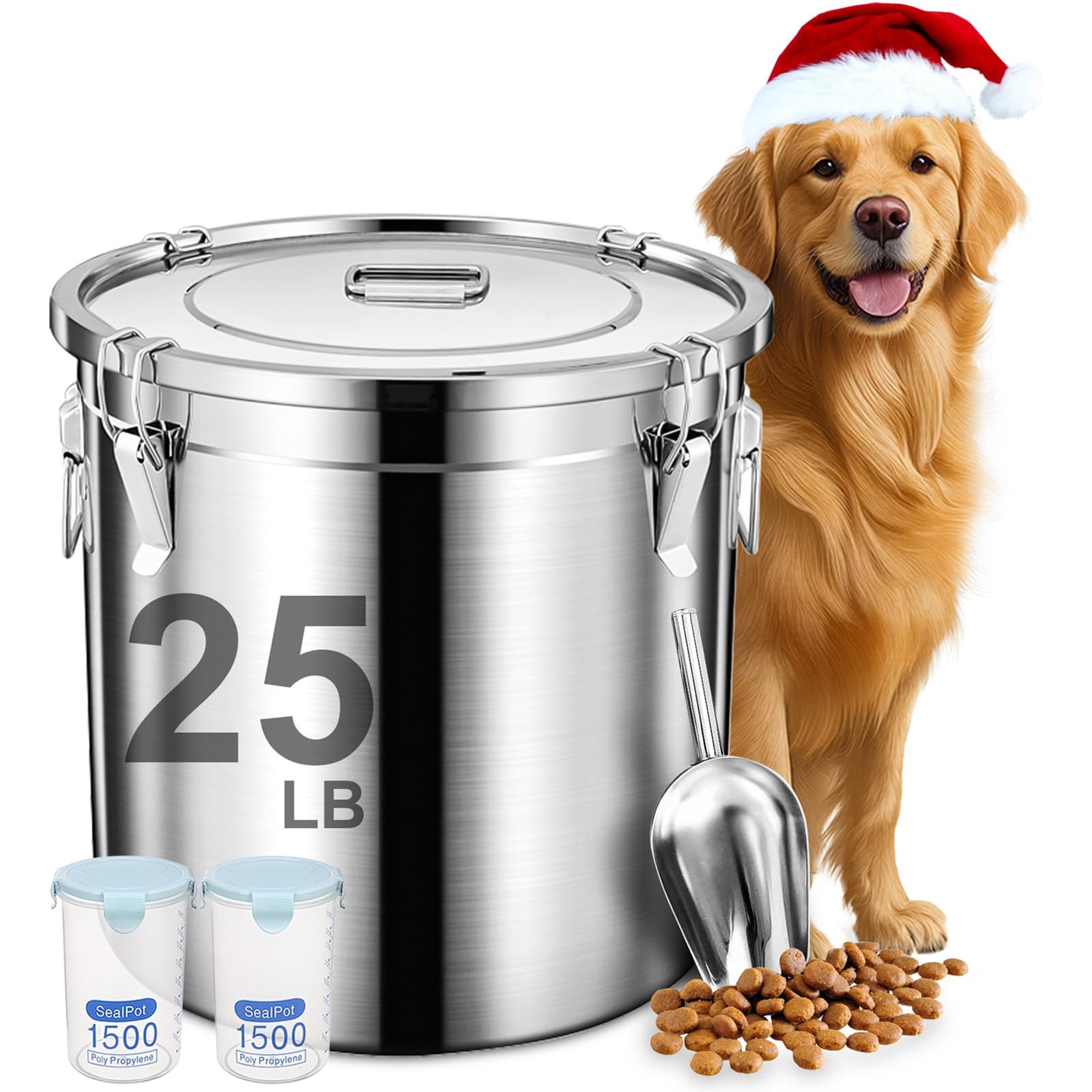UPSKY Stainless Steel Airtight 1 Large & 2 Small Dog & Cat Food Storage Containers with Scoop, 25-lb