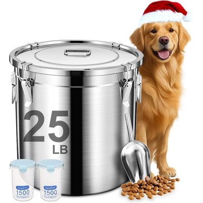 UPSKY UPSKY Stainless Steel Airtight 1 Large & 2 Small Dog & Cat Food Storage Containers with Scoop, 25-lb