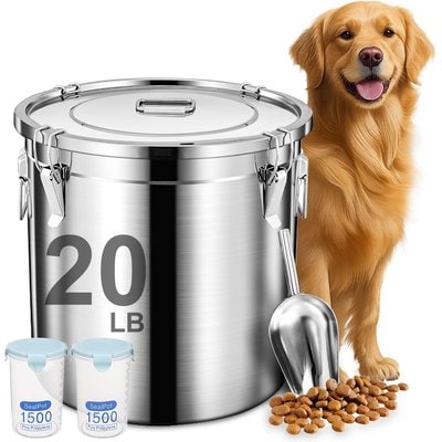 UPSKY UPSKY Stainless Steel Airtight 1 Large & 2 Small Dog & Cat Food Storage Containers with Scoop, 20-lb
