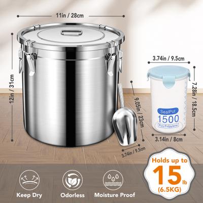 Show full view: UPSKY Stainless Steel Airtight 1 Large & 2 Small Dog & Cat Food Storage Containers with Scoop, 15-lb slide 3 of 8