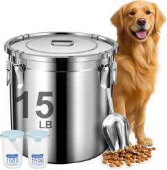 UPSKY Stainless Steel Airtight 1 Large & 2 Small Dog & Cat Food Storage Containers with Scoop, 15-lb