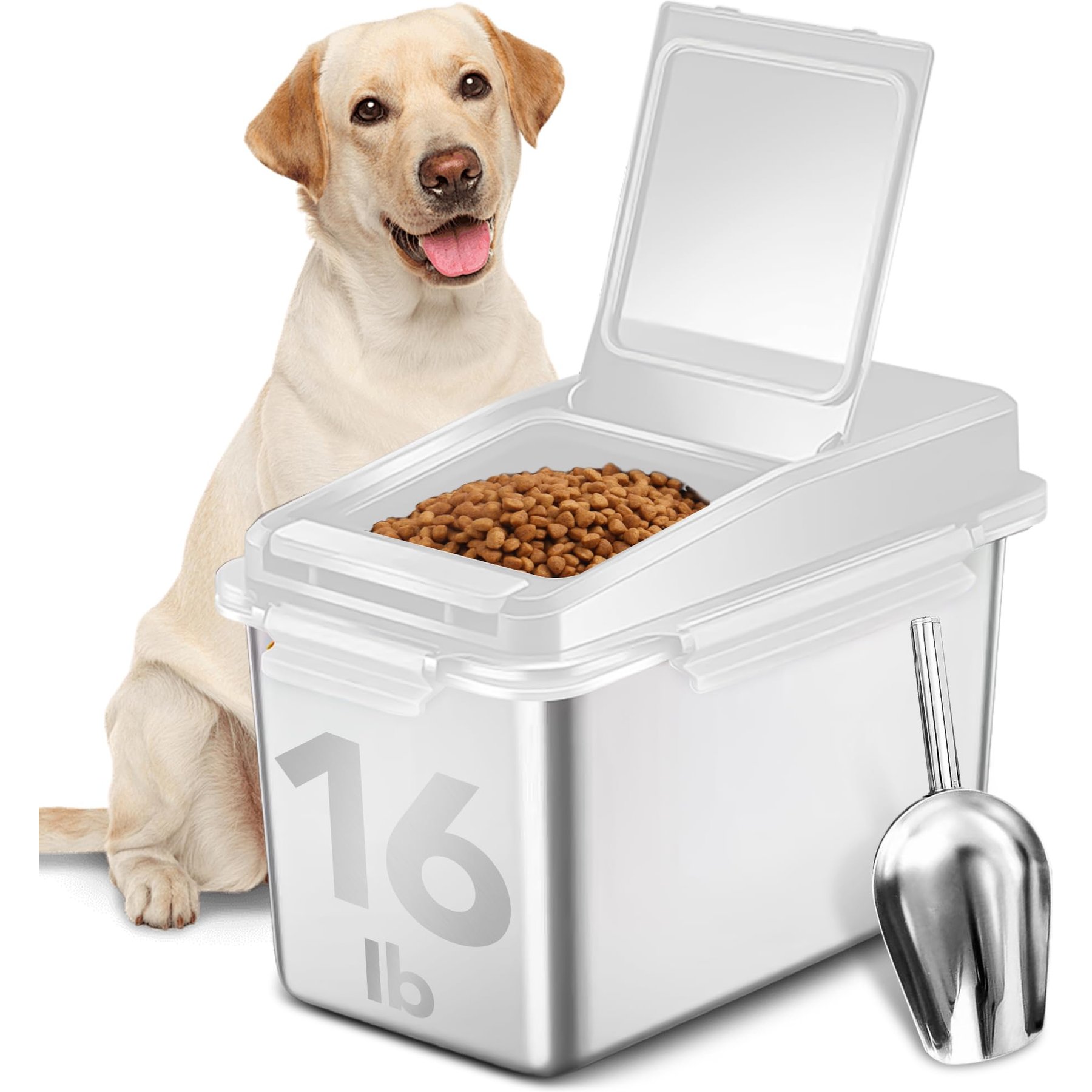 UPSKY Stainless Steel Airtight Dry Dog, Cat & Bird Seed Food Storage Container with Scoop, 16-lb, White
