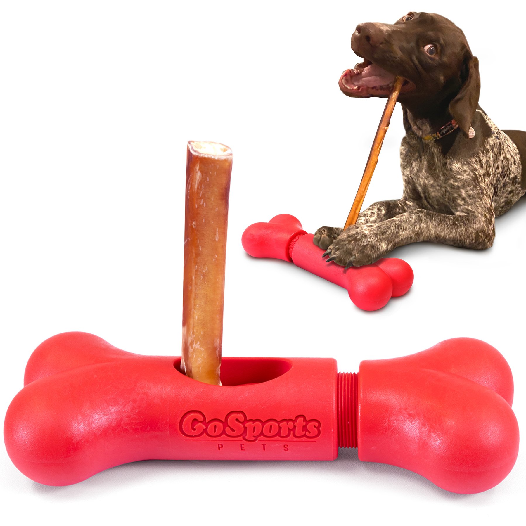 GoSports Pets Chew Champ Bully Stick Holder Dog Toy, Red, 8-in