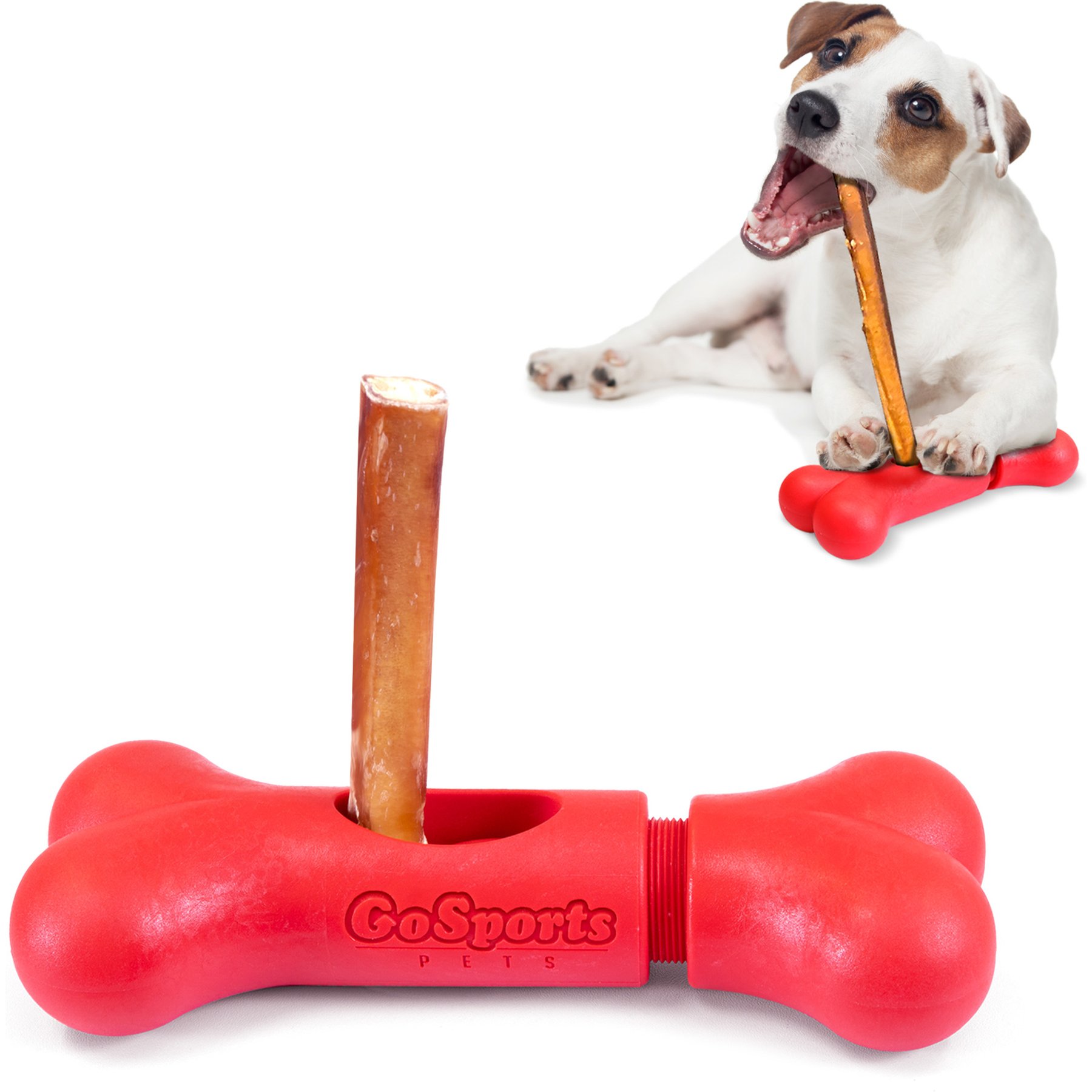 GoSports Pets Chew Champ Bully Stick Holder Dog Toy, Red, 6-in