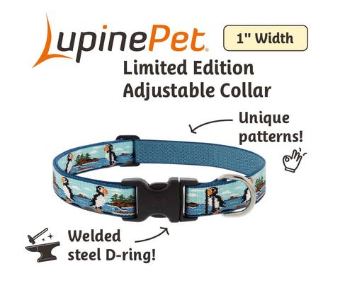 Show full view: LupinePet Nature Inspired Original Design Adjustable Nylon Dog Collar, Puffins, Large: 16 to 28-in neck, 1-in wide slide 2 of 6