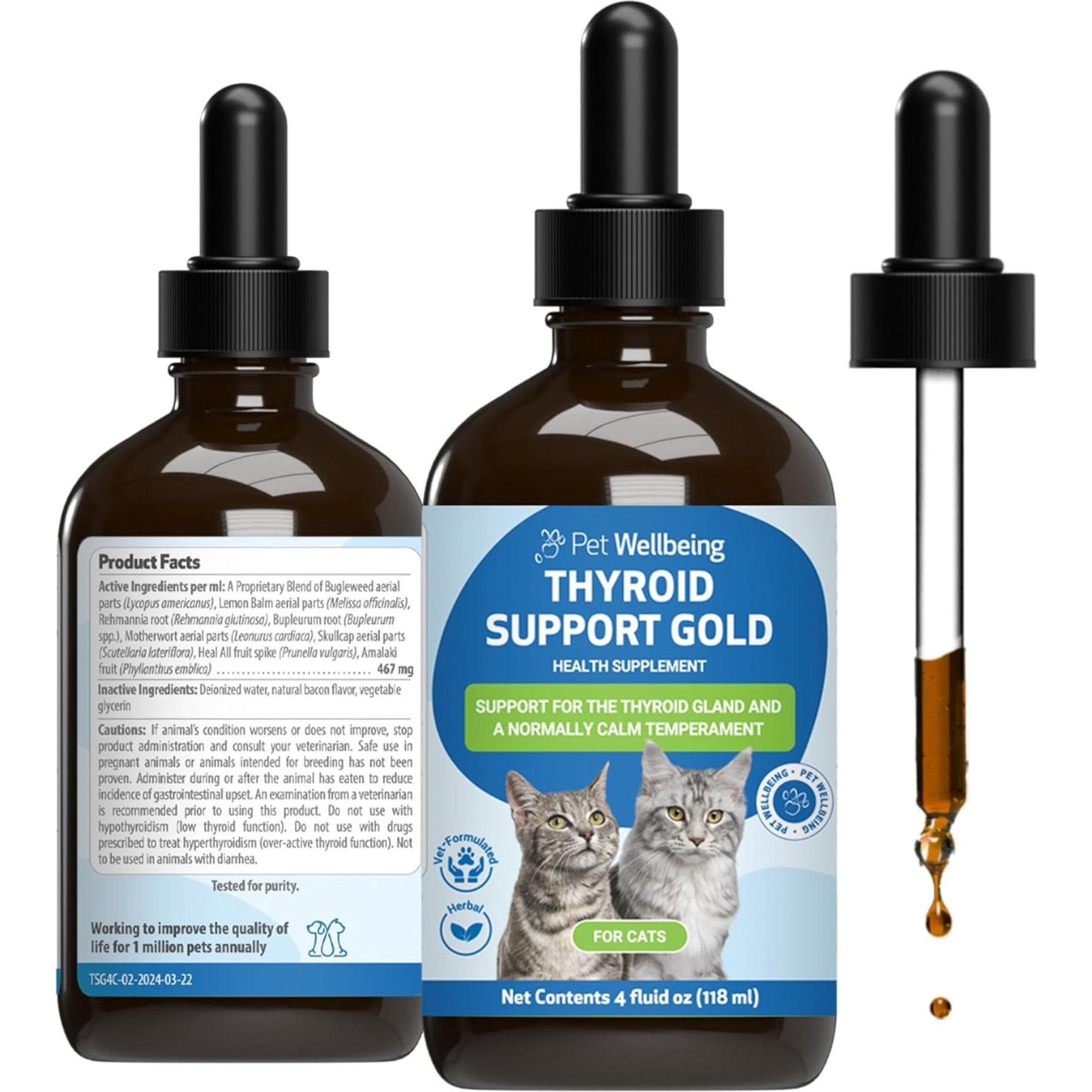 Pet Wellbeing Thyroid Support Gold Bacon Flavored Liquid Supplement for Cats, 2-oz bottle