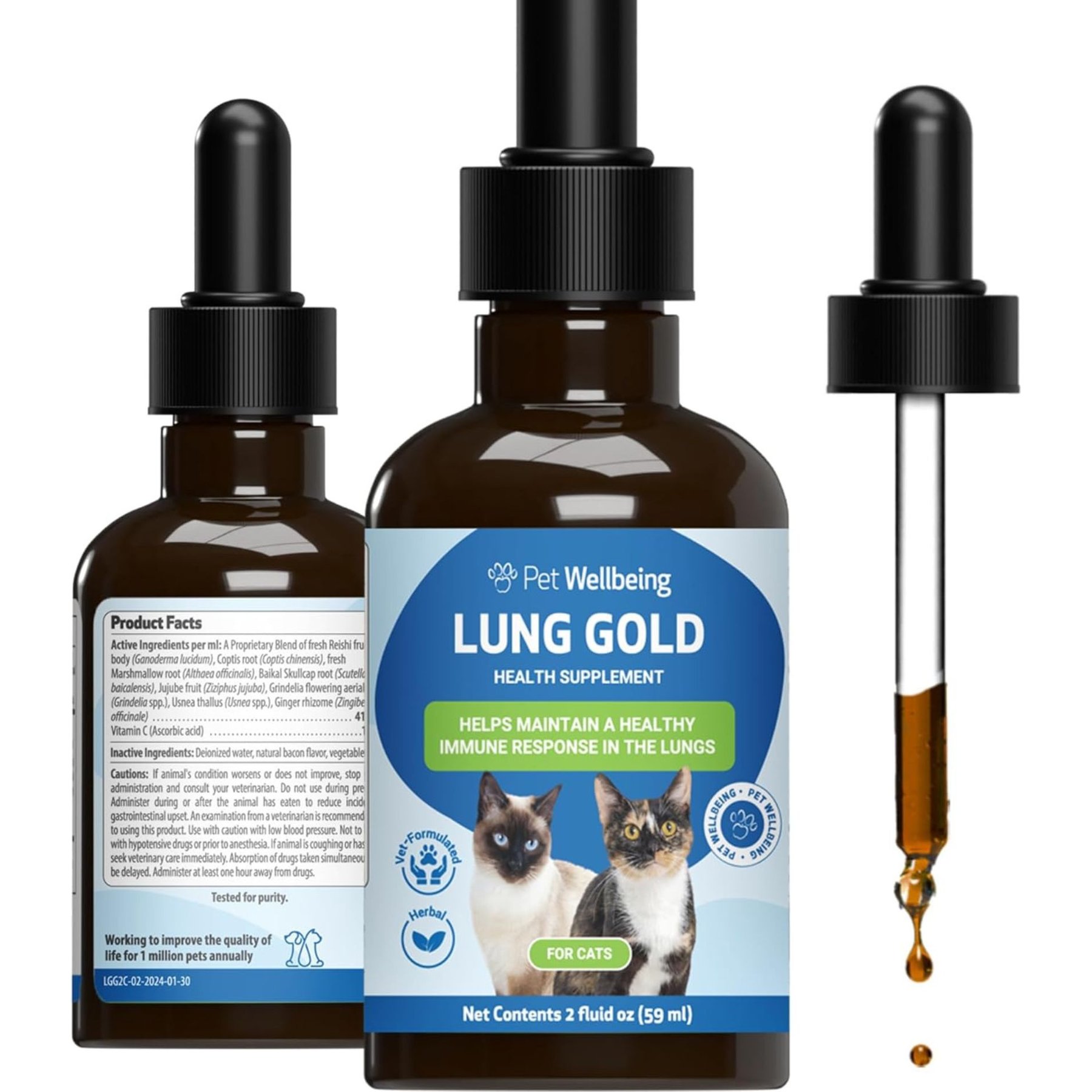 Pet Wellbeing Lung GOLD Bacon Flavored Liquid Respiratory Supplement for Cats, 2-oz bottle