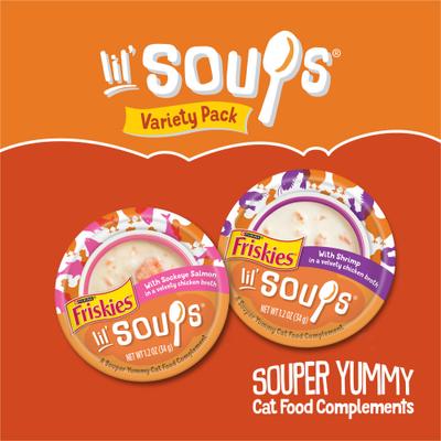 Show full view: Friskies Complement Variety Pack Lil' Soups with Salmon & Chicken & Shrimp Grain-Free Wet Cat Food Topper, 1.2-oz tray, case of 8 slide 6 of 9