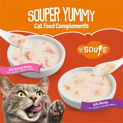 Show full view: Friskies Complement Variety Pack Lil' Soups with Salmon & Chicken & Shrimp Grain-Free Wet Cat Food Topper, 1.2-oz tray, case of 8 slide 3 of 9