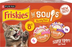 Friskies Complement Variety Pack Lil' Soups with Salmon & Chicken & Shrimp Grain-Free Wet Cat Food Topper, 1.2-oz tray, case of 8
