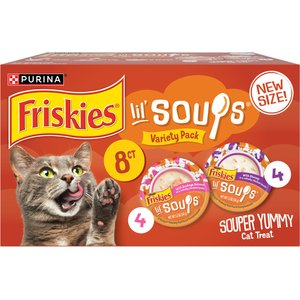 Friskies Complement Variety Pack Lil' Soups with Salmon & Chicken & Shrimp Grain-Free Wet Cat Food Topper, 1.2-oz tray, case of 8
