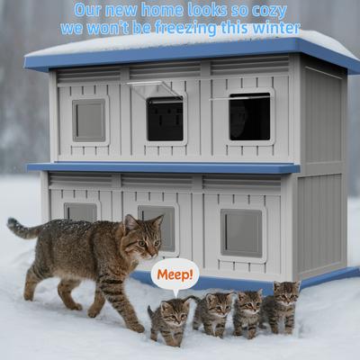 Show full view: Yafylly Double-Decker 6 Room Outdoor Cat House, Gray & Blue slide 5 of 8