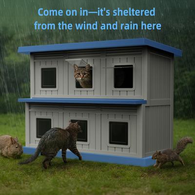 Show full view: Yafylly Double-Decker 6 Room Outdoor Cat House, Gray & Blue slide 4 of 8