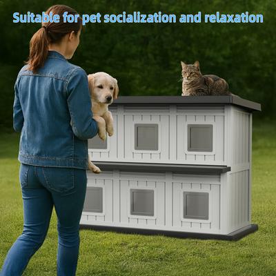 Show full view: Yafylly Double-Decker 6 Room Outdoor Cat House, Gray & Black slide 7 of 9