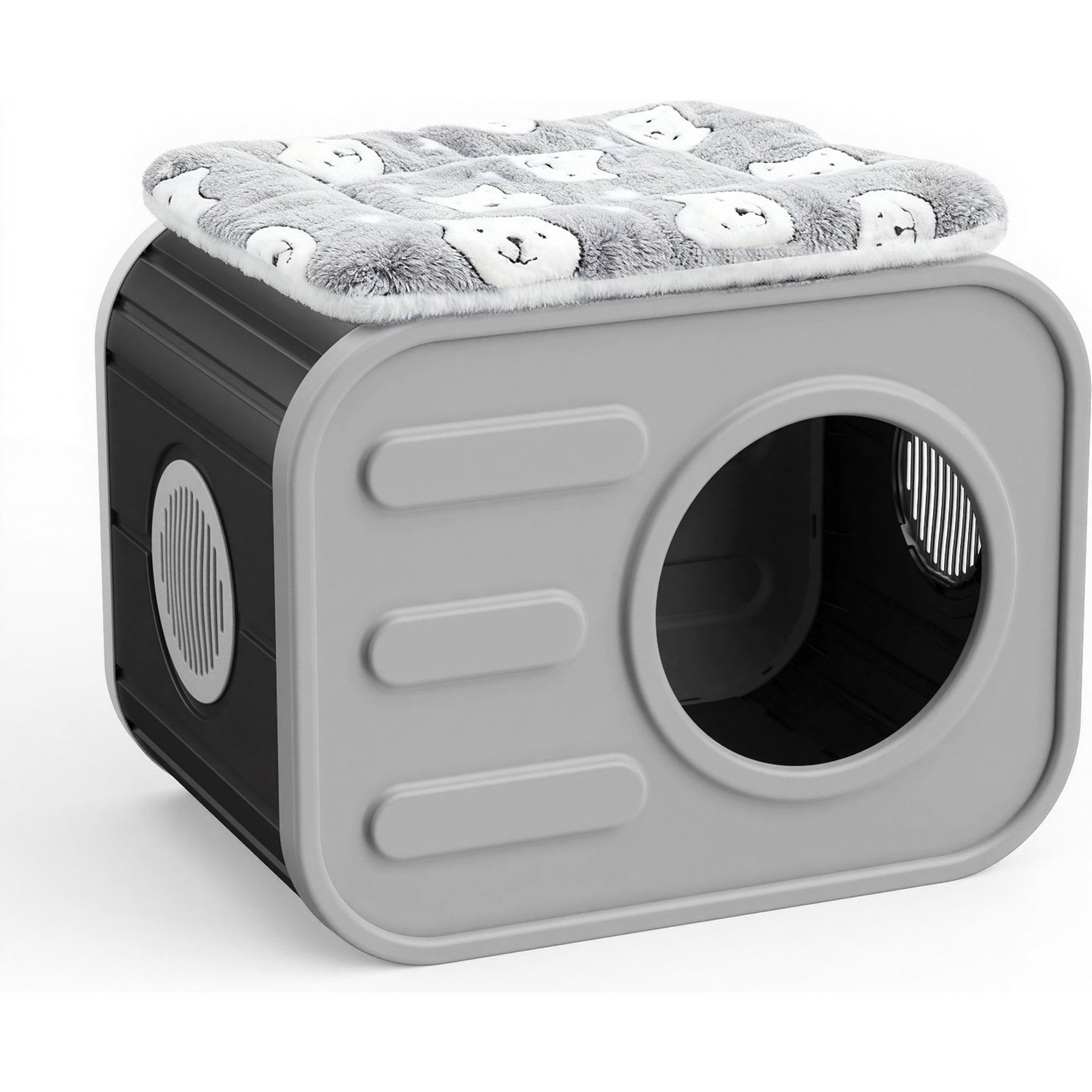 Yafylly Indoor Camera-Style Cat Bed with Plush Cushion, Grey & Black