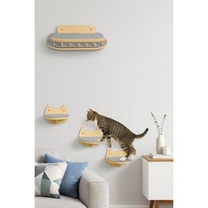 Pacific Pups Rescue Wall Mounted Cat Shelves & Steps, Natural Wood, Large