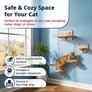 Pacific Pups Rescue Wall Mounted Cat Shelves & Steps, Natural Wood, Large