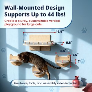 Pacific Pups Rescue Wall Mounted Cat Shelves & Steps, Natural Wood, Large