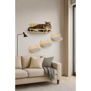 Pacific Pups Rescue Wall Mounted Cat Shelves & Steps, Natural Wood, Large