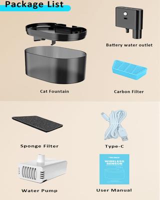 Show full view: PEKTACO Wireless Battery Operated Rechargeable Automatic Cat Water Fountain with Motion Sensor, Fountain + 6 Sponges + 6 Filters, Silver, 2.2-L slide 8 of 8